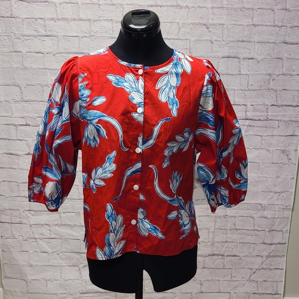 Karen Kane Womens Red Blue Floral Button Down Puff 3/4 Sleeve Blouse Top